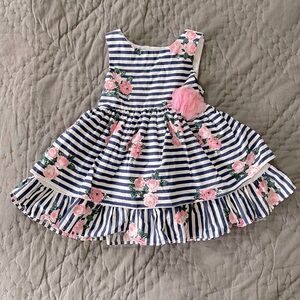Mia & Mimi girls 12 months dress navy & white striped pink floral Easter spring